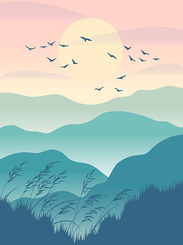 Art background with serenity oriental landscape. Nature scene with mountains, wild cereals and birds flying against the sun. Bird flock silhouette at dawn or sunset. Vector minimalistic illustration.
