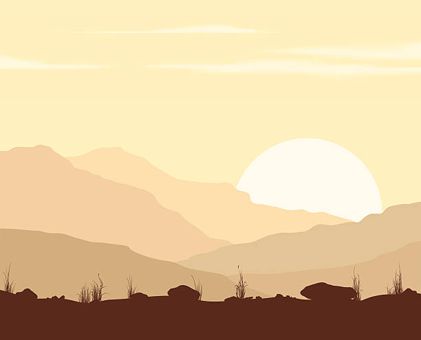 Landscape with sunset in mountains. Lifeless landscape with huge mountains at sunset. Vector illustration. desert area silhouettes stock illustrations