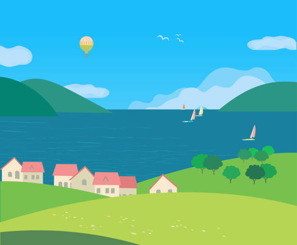 Landscape with village houses on seaside Landscape with village rural houses on seaside cartoon. Hand drawn sunny day in rural community on lake bank. Flat vector summer seascape. Sailing boat on calm water. Vacation travel to sea background landscape scenery clipart stock illustrations