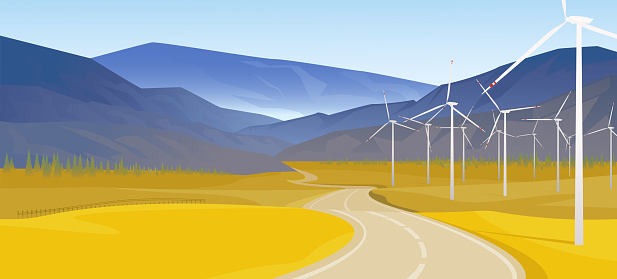 Landscape with Wind Generators. Landscape with a road going over the horizon. Vector illustration. EPS10