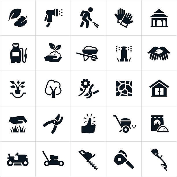 Landscaping Icons Icons related to. The icons include common landscaping equipment including lawnmowers, trimmers, leaf blower, edger, pruning shears, wheel barrow and fertilizer. The set of icons also includes a landscaper, water hose, work gloves, gazebo, weed sprayer, plants, trees, flagstone, shed, grass, green thumb and fertilizer. grass symbols stock illustrations