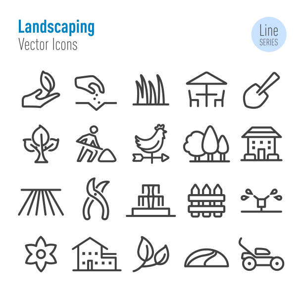 Landscaping Icons - Vector Line Series Landscaping, grass symbols stock illustrations