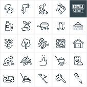 A set of landscaping icons that include editable strokes or outlines using the EPS vector file. The icons include leaves, sprayer watering, person raking, work gloves, tank sprayer, soil, plant, wheel barrow, sprinkler, water irrigation, gazebo, planting, tree being planted, tree, flower with pruners, pavers, stone patio, shed, grass, lawn, flowers, green thumb, fertilizer spreader, fertilizer, riding lawn mower, lawn mower, hedge trimmer, leaf blower, grass trimmer and yard equipment to name a few.