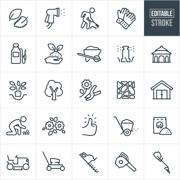 Landscaping Thin Line Icons - Editable Stroke A set of landscaping icons that include editable strokes or outlines using the EPS vector file. The icons include leaves, sprayer watering, person raking, work gloves, tank sprayer, soil, plant, wheel barrow, sprinkler, water irrigation, gazebo, planting, tree being planted, tree, flower with pruners, pavers, stone patio, shed, grass, lawn, flowers, green thumb, fertilizer spreader, fertilizer, riding lawn mower, lawn mower, hedge trimmer, leaf blower, grass trimmer and yard equipment to name a few. grass symbols stock illustrations