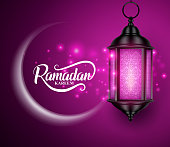 Lantern or fanous hanging with crescent moon and lights for ramadan kareem vector greetings design in purple background. Vector illustration.