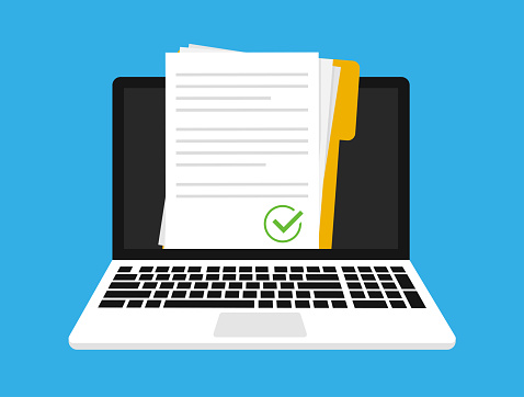 Laptop and document cheack. Vector illustration isolated.