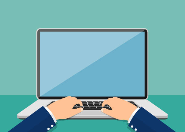 Laptop and hands on the keyboard. Laptop and hands on the keyboard. Vector illustration in flat style typing on laptop stock illustrations