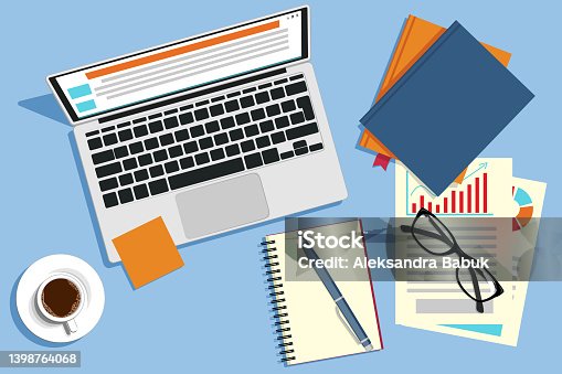 istock Laptop, books, notebooks and coffee on the desktop 1398764068