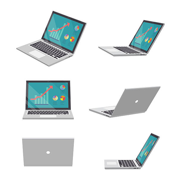 3D Laptop business Set of various poses of 3D Laptop business side view stock illustrations