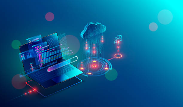 laptop. cloud storage. shared access. Isometric. laptop connection on cloud storage for collaboration work with remote team. Cooperation work via internet and work with project in shared access. Isometric infographic concept. control stock illustrations