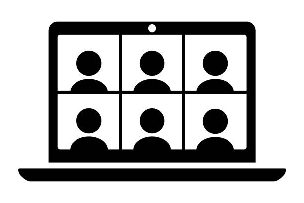 Laptop computer displaying six people icons. Laptop computer displaying six people icons. Simple black and white illustration. The icons on the screen are separated objects for easy editing. video call stock illustrations