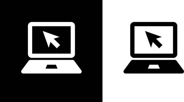 Laptop Computer Icon Laptop Computer IconThis royalty free vector illustration features the main icon on both white and black backgrounds. The image is black and white and had the background rendered with the main icon. The illustration is simple yet very conceptual. internet symbols stock illustrations