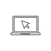 istock laptop computer, notebook and cursor click thin line icon. Linear vector symbol 843134660