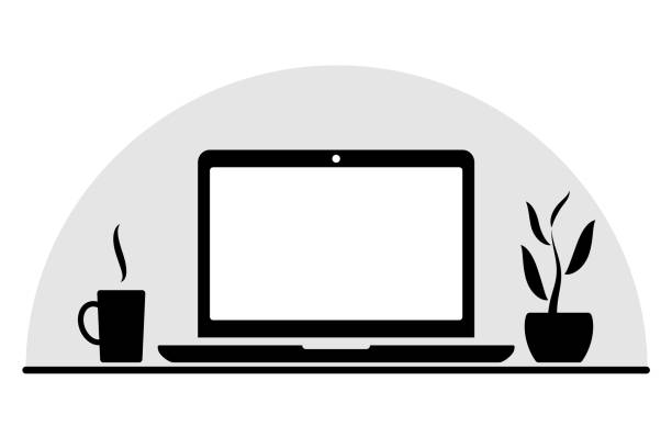 Laptop empty screen on minimalistic desktop environment Front view of an open white screen laptop computer next to a cup and a pot with plant. Simple black and white slylised minimalistic illustration. Each element of the picture is on its own layer for easy editing. laptop backgrounds stock illustrations