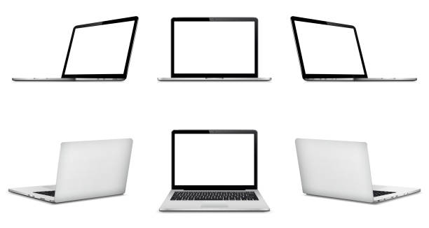 Laptop front and back side mock up Set of vector laptops with transparent screen isolated on transparent background. Perspective and front view with blank screen. 360 degree view illustrations stock illustrations