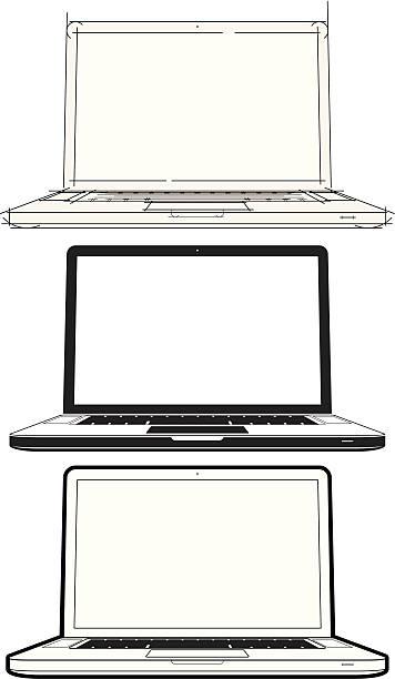 Laptop line-art Three line art and silhouette versions of a laptop. laptop silhouettes stock illustrations