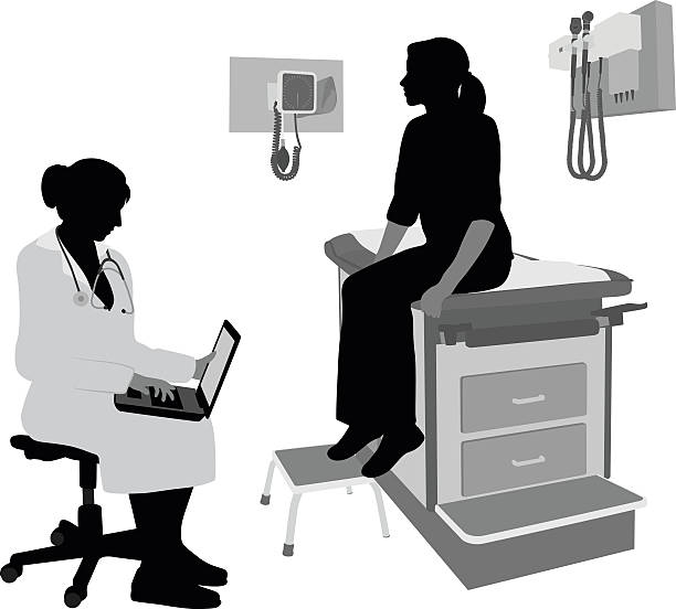 Laptop Medical Notes A vector silhouette illustration of a female doctor reviewing a patient's medical history on her lap top while the young female patient sits on the exam table. doctor silhouettes stock illustrations