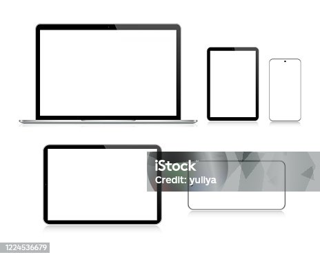 istock Laptop, Tablet, Smartphone, Mobile Phone In Black And Silver Color With Reflection, Realistic Vector Illustration 1224536679