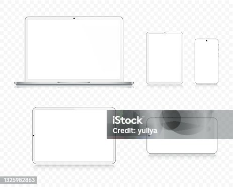 istock Laptop, Tablet, Smartphone, Mobile Phone In Silver Color With Reflection And Transparent Background, Realistic Vector Illustration 1325982863