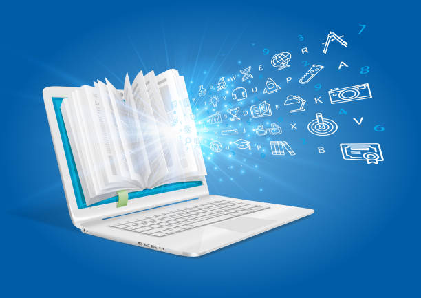 A laptop with a general knowledge book. An e-learning system. Laptop as an alternative to learning from traditional books. headquarters stock illustrations