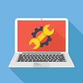 istock Laptop with cog, wrench repair icon. Repair service, maintenance, restore 539646216