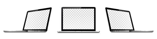 Laptop with transparent screen isolated on white background. Perspective and front view with transparent screen. Set of vector laptops with transparent screen isolated on transparent background. Perspective and front view with blank screen. laptop backgrounds stock illustrations
