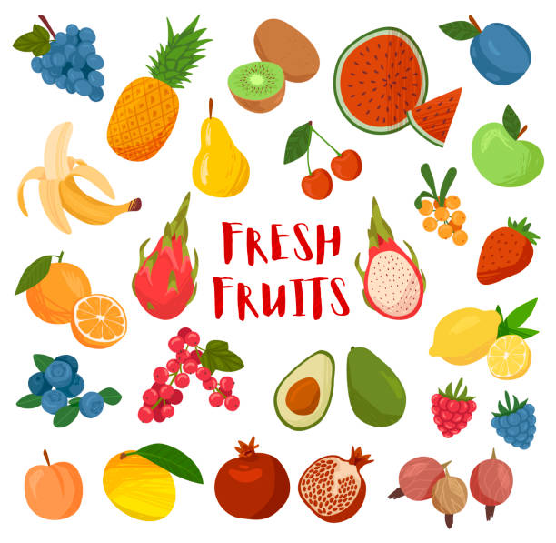 Large collection of colorful cartoon Fresh Fruit Large collection of colorful cartoon Fresh Fruit around central text isolated on white for design elements or nutrition themes, colored vector illustration fruit stock illustrations