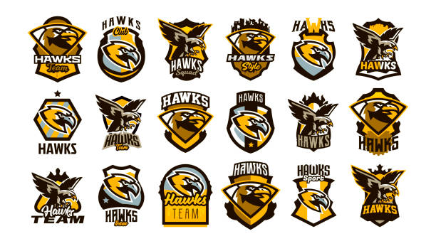 A large collection of colorful crests, badges, emblems on the theme of a hawk. Flying bird, hunter, predator, dangerous animal, shield, lettering. Mascot sports club, vector illustration A large collection of colorful crests, badges, emblems on the theme of a hawk. Flying bird, hunter, predator, dangerous animal, shield, lettering. Mascot sports club, vector illustration. bills patriots stock illustrations
