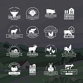 A large collection of vector logos for farmers, grocery stores and other industries. Isolated on a vector background drawn farm with fields, plants, and mountains.