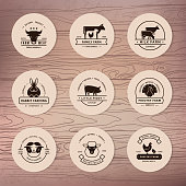 A large collection of vector logos for farmers, grocery stores and other industries. Isolated on old paper background and executed in a flat style.