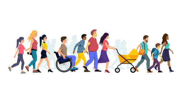 ilustrações de stock, clip art, desenhos animados e ícones de a large crowd of walking people - wheelchair street happy