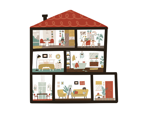 Large Detailed Modern House Interior. Dollhouse in cut. Scandinavian cote style of furniture. Cutaway layered grouped. Flat vector illustration.