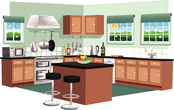 stockillustraties, clipart, cartoons en iconen met large domestic modern kitchen - kookeiland