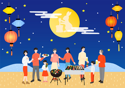 A large family barbecuing with the moon during the Mid-Autumn Festival Lantern