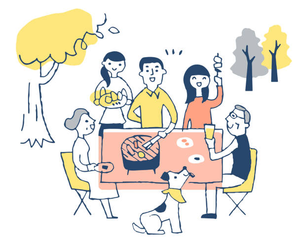 stockillustraties, clipart, cartoons en iconen met grote familie die van barbecue in openlucht geniet - family garden,party