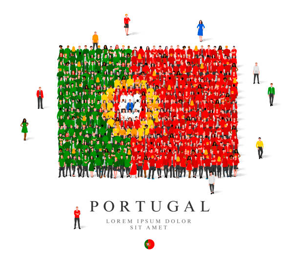 ilustrações de stock, clip art, desenhos animados e ícones de a large group of people are standing in green, yellow, white and red robes, symbolizing the flag of portugal. - people portugal