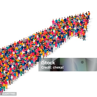 istock A large group of people are standing in the shape of a large arrow. Crowd. The concept of promotion, enhancement, direction. 1320971985