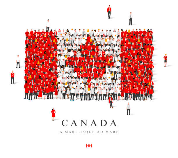 ilustrações, clipart, desenhos animados e ícones de um grande grupo de pessoas está de pé em vestes brancas e vermelhas, simbolizando a bandeira do canadá. - serviço de bordo