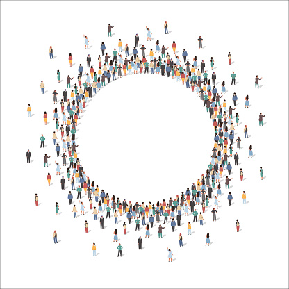 Large group of people forming circle frame, flat vector illustration.