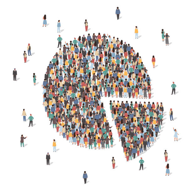Large group of people forming pie chart, flat vector illustration. Statistics, population demographics. Large group of people forming pie chart standing together, flat vector illustration. People crowd gathering. Statistics, population demographics. audience stock illustrations