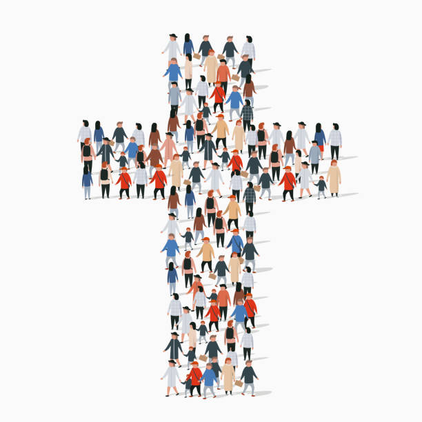 Large group of people in form of christian cross. Large group of people in form of christian cross. Church concept religious cross backgrounds stock illustrations