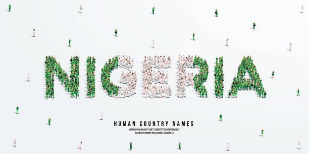 A large group of people stands, making up the word Nigeria. Nigeria flag made from people crowd. Vector illustration isolated on white background. vector art illustration
