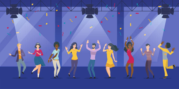 ilustrações de stock, clip art, desenhos animados e ícones de large group of young people dancing in a nightclub - discoteca danca