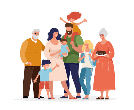 A large happy family is standing and hugging. Several generations, grandparents, parents with children, grandchildren. Flat cartoon vector illustration.