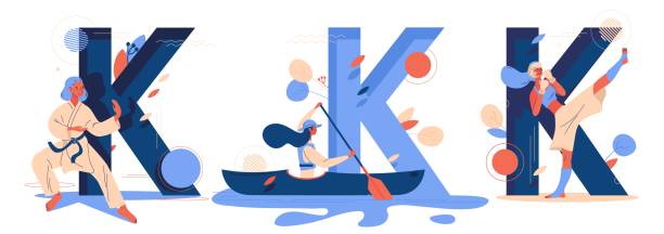 bildbanksillustrationer, clip art samt tecknat material och ikoner med stora bokstäver k och olika sportaktiviteter isolerade på vitt. karate, kajakpaddling och kickboxning dragen i blått och orange - woman kayaking