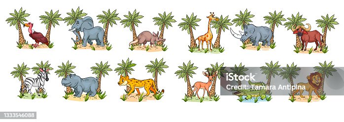 istock Large set of African animals. Funny animal characters in cartoon style. 1333546088