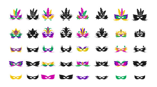 A large set of carnival masks. Masks in the style of Mardi Gras carnival. A large set of carnival masks. Masks in the style of Mardi Gras carnival. Colored masks and black silhouettes isolated on a white background for design and web. mardi gras stock illustrations