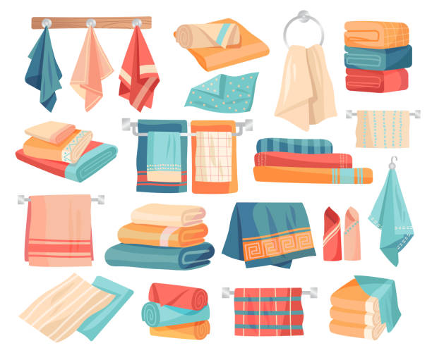 Large set of colored towel icons Large set of colored towel icons hanging on pegs, folded in assorted stacks and piles, rolled as a decoration and laid out flat, vector illustration towel stock illustrations