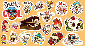 Large set of colorful skull stickers or badges and a skeleton in a coffin with assorted text, colored vector illustration. Translaton from spanish: Dia de los muertes - Day of the Dead