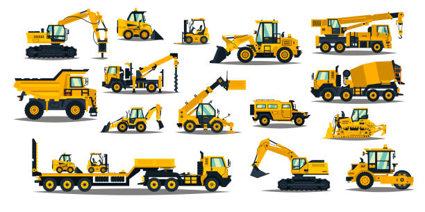 노란색으로 건설 장비의 큰 세트. 건물 작업을 위한 특수 기계. 지게차, 크레인, 트랙터, 불도저, 트럭, 자동차, 콘크리트 믹서 트레일러. 벡터 일러스트 - 무거운 stock illustrations